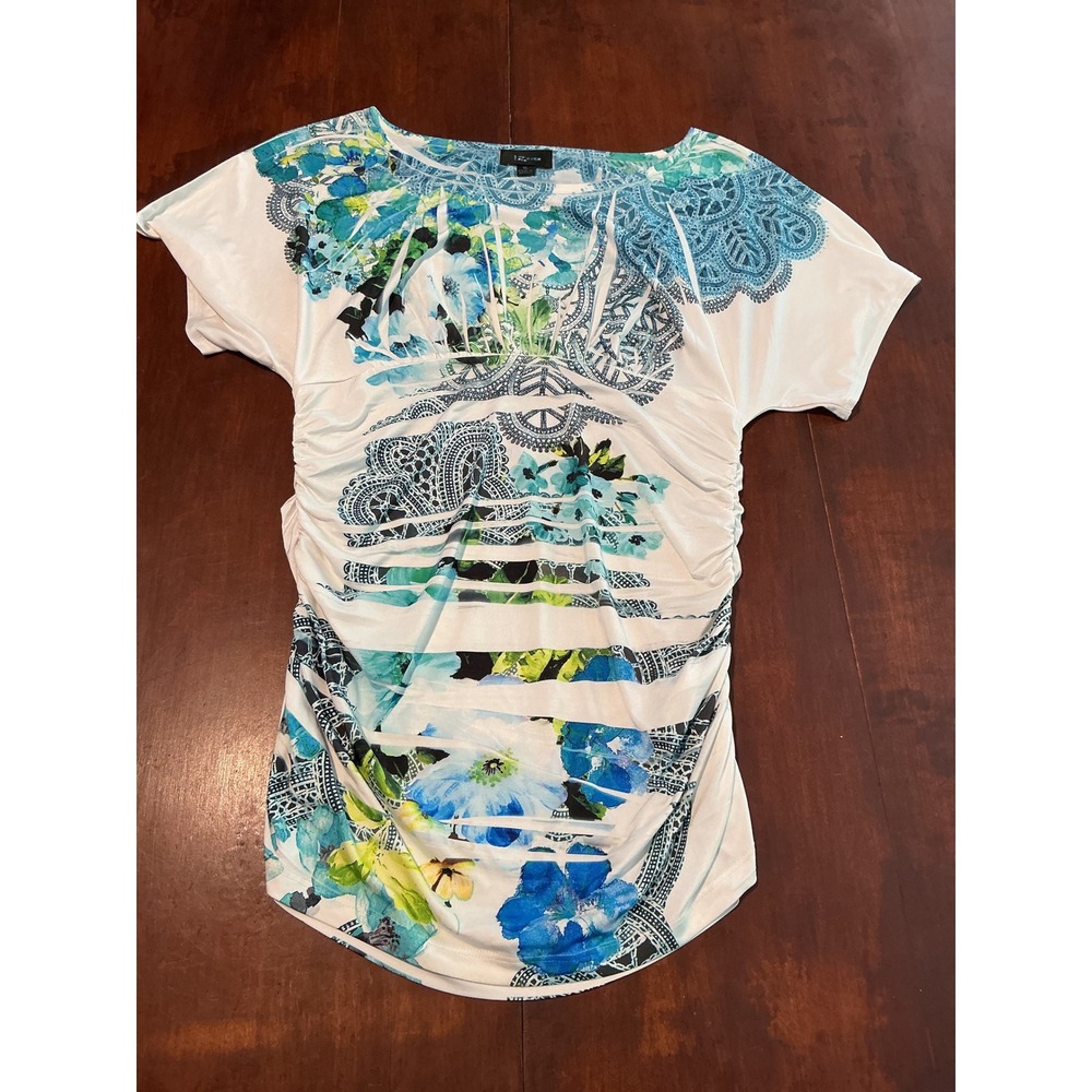 Iz Byer XL Blue Green Floral Paisley Ruched Empire Waist Short Sleeve Top